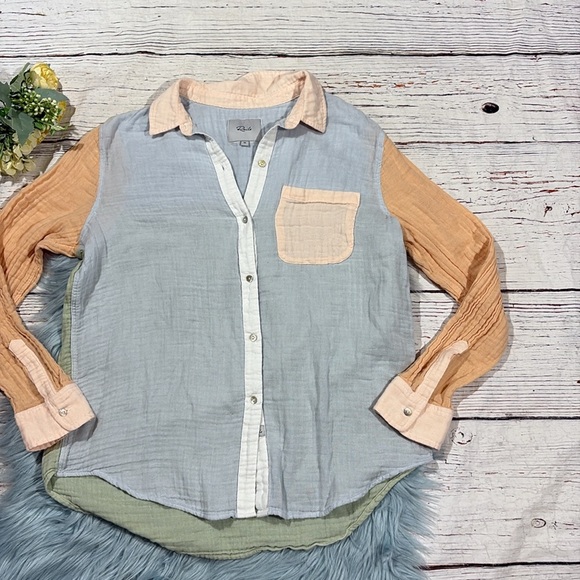 Rails Ellis Bermuda Color Block Button Front Shirt Top Organic Cotton Size M - Picture 10 of 11